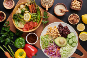 buddha bowl dish with vegetables legumes top view